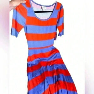 Lularoe XS denim blue and orange wide stripe ANA maxi dress.Wide varsity stripes